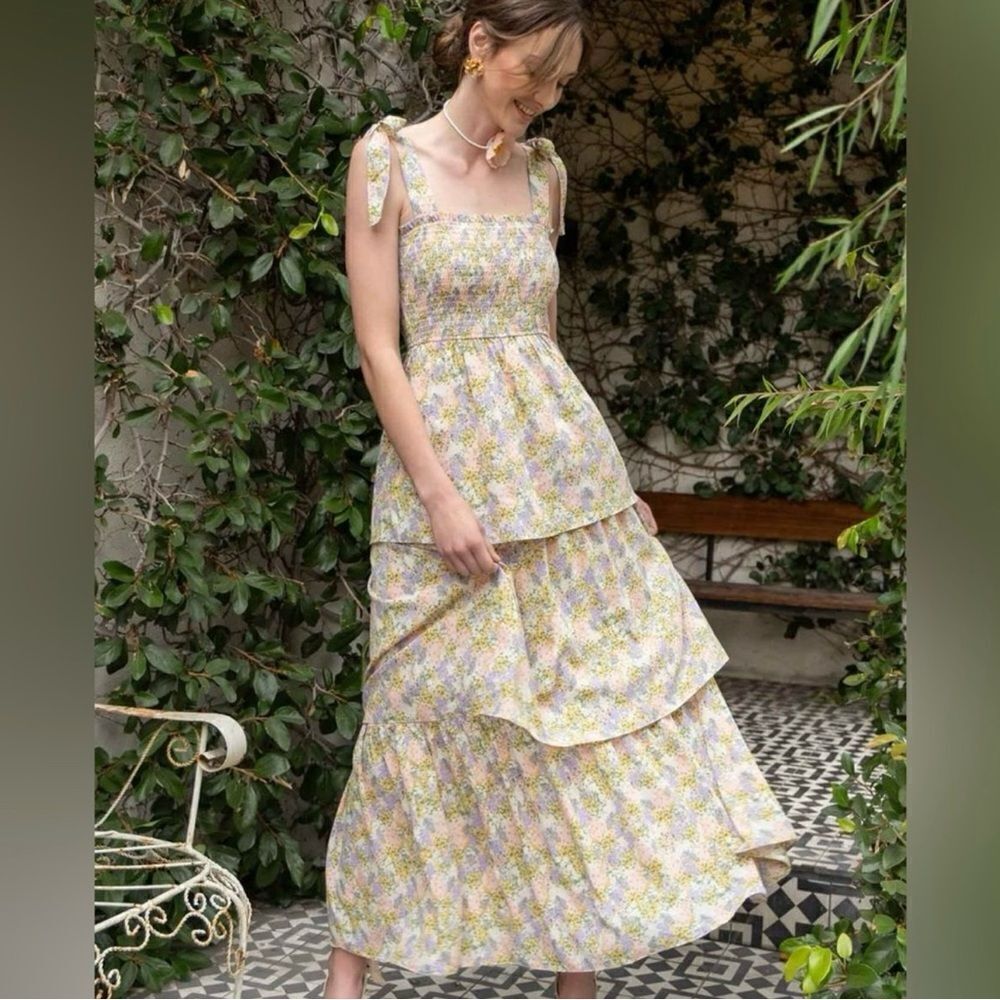 By The River Floral Smocked Ruffle Tiered Midi Dress Size Small